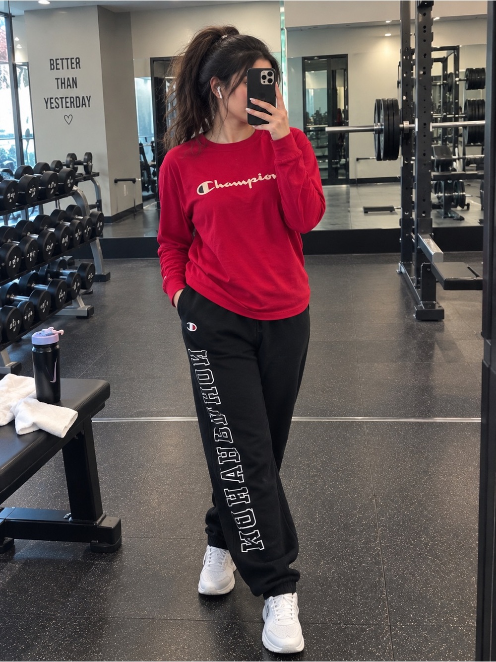 Champion Red Logo Crewneck and Black Jogger Sweatpants